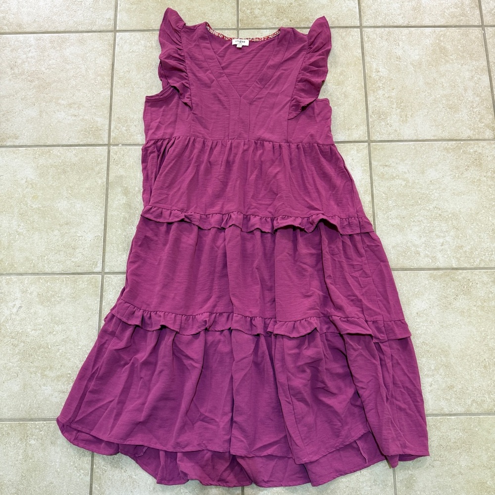 Umgee Pink Short Ruffle Sleeves Tiered Midi Dress